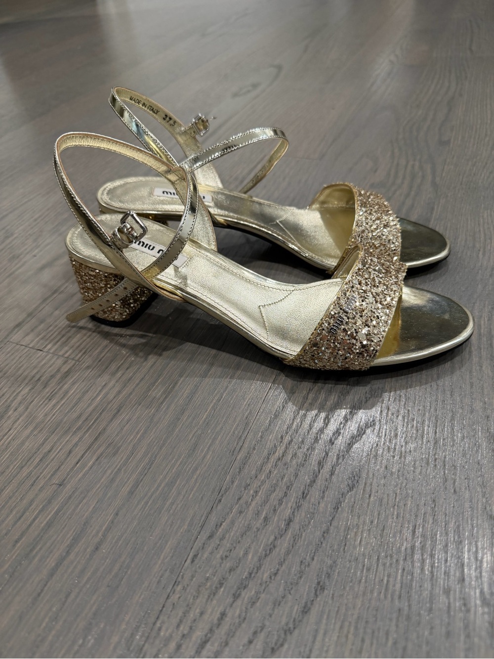 Miu Miu Gold Glitter Block Heel Sandal EU 37.5 Made in Italy - Picture 2 of 7